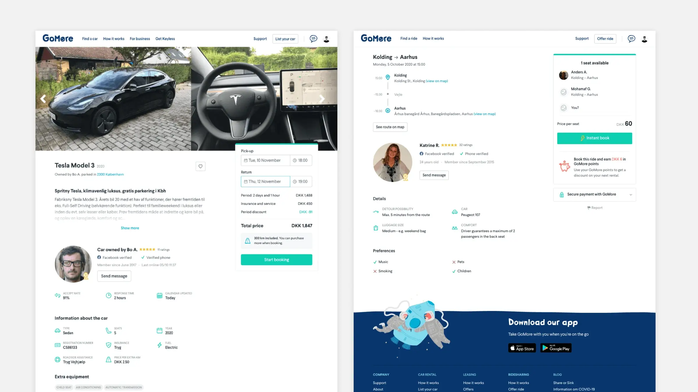 Product detail pages. Rental on the left and ridesharing on the right.